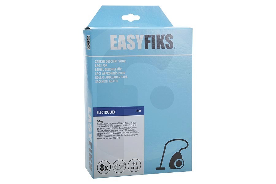 Easyfiks  Easyfiks S-Bag (EL34) bolsas para aspiradora (bolsas para polvo) 8 piezas incl. 1 filtro para Electrolux y otros aspiradora 9002560598 adecuado para entre otros Oxígeno SmartVac E201B
