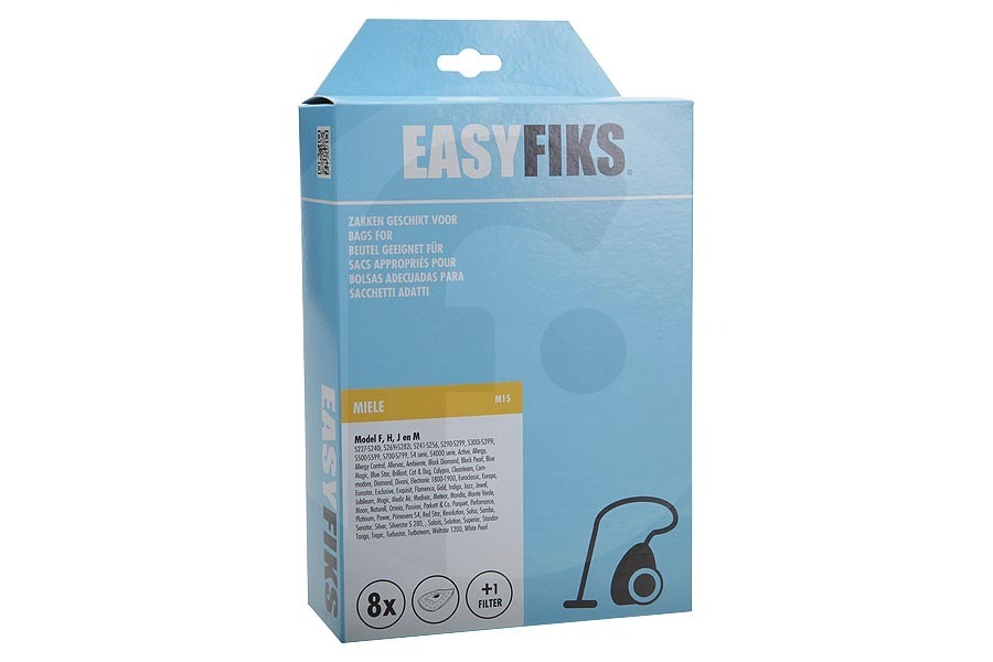 Easyfiks  Easyfiks FJM HyClean 3D Efficiency (M15) bolsas para aspiradora (bolsas para polvo) para Miele 8 piezas incl. 1 filtro aspiradora 9917710 adecuado para entre otros FHJM