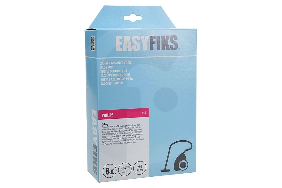 Easyfiks  Easyfiks S-bag Classic long performance (P19) bolsas para aspiradora (bolsas para polvo) para, entre otros, Philips 8 piezas incl. 1 filtro aspiradora FC8021/03 adecuado para entre otros S-BAG 8500-8599 HR-FC9006