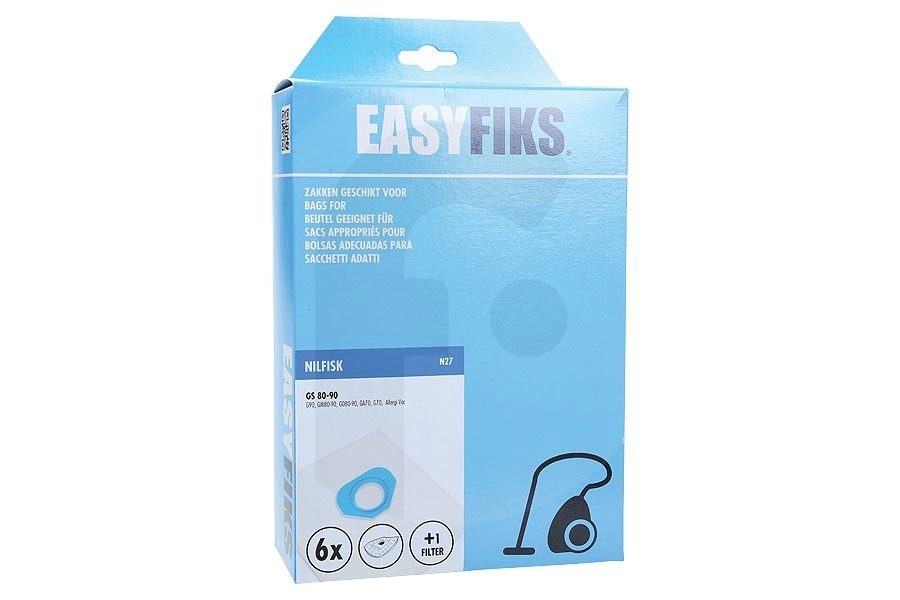 Easyfiks  Easyfiks GM 80 / GS 80 / GS 90 (N27) bolsas para aspiradora (bolsas para polvo) para Nilfisk 6 piezas incl. 1 filtro aspiradora 82095000 adecuado para entre otros GS-80-90 GA 70 GD90