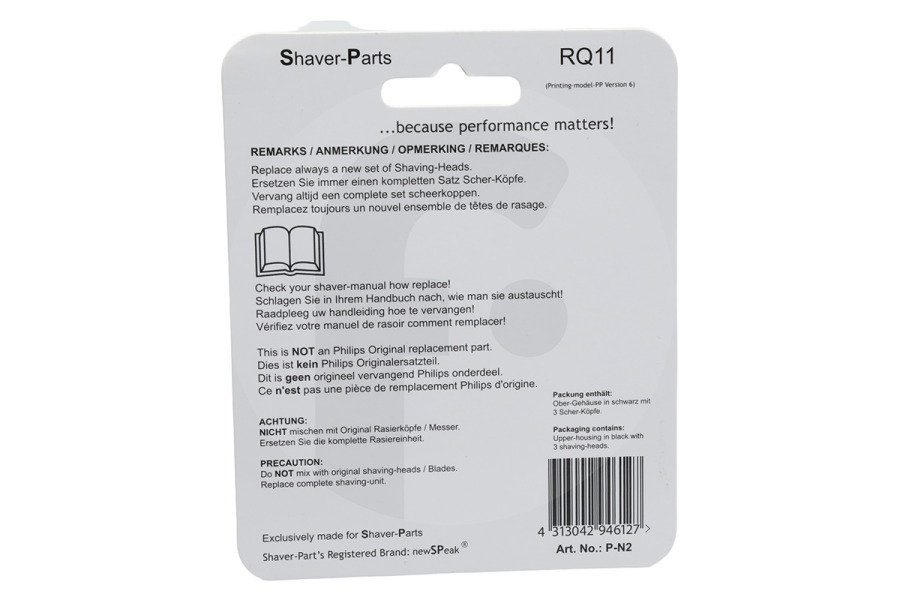 Philips Maquinilla de afeitar Cabezal de afeitado para afeitadora RQ11, 4313042732003