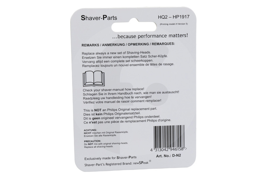 Philips Maquinilla de afeitar Cabezal de afeitado para afeitadora HQ2, HP1917, 4313042526305
