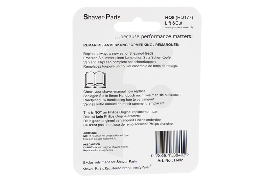 Philips Maquinilla de afeitar NewSpeak HQ8/HQ177 Lift & Cut para afeitadora H-N2 Shaver-Parts