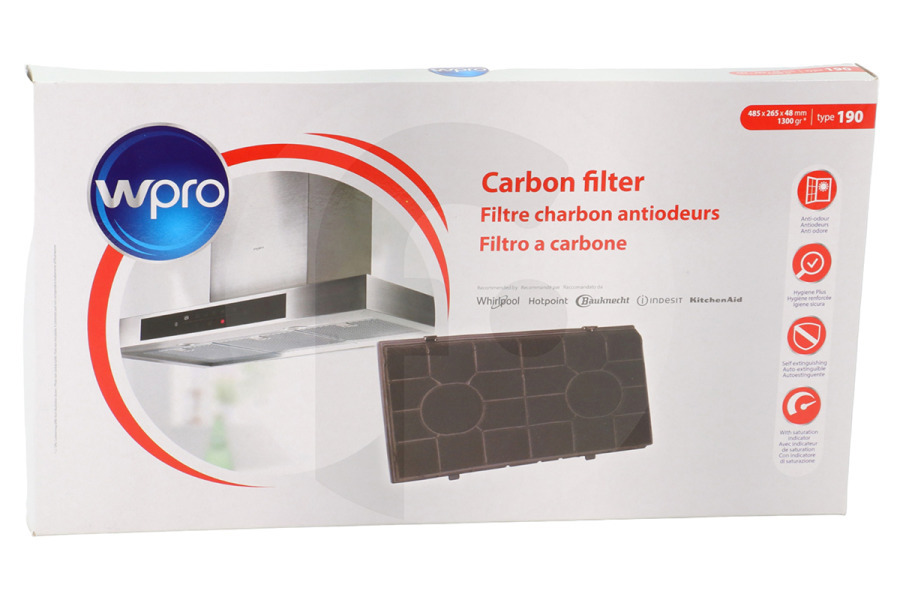 Electrolux Campana extractora Filtro de carbón Tipo 190 / Amh520 (485 x 265 x 48 mm) campana extractora 484000008578, CHF190 apto para entre otros AHM 521